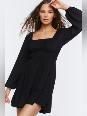 Forever 21 Black Fit & Flare Mini Dress Size Medium Long Sleeve Square Neck